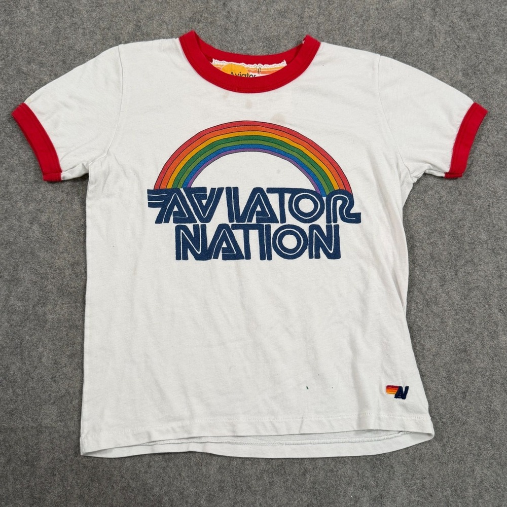 Aviator Nation Kids White Red Rainbow Short Sleeve Shirt Youth Size 10 - STAINS